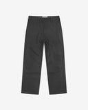 Full-length front view of Uskees twill workwear pants in charcoal-grey. Showing Corozo button fastening and tapered leg fit.