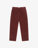 Front flat shot of Uskees red wine colour corduroy trousers for men on a white background.