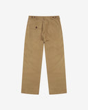 Full-length back view of Uskees 5005 twill workwear pants in khaki showing belt loops, back pockets (one with flap) and simple silhouette.