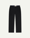 Front flat view of 5005 Uskees men's organic corduroy midnight blue workwear pants with view of YKK zip fly and contrasting Corozo buttons.