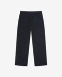 Full-length back view of Uskees 5005 twill workwear pants in deep blue showing belt loops, back pockets (one with flap) and simple silhouette.