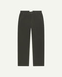 Front flat view of 5005 Uskees men's organic corduroy green-brown (seaweed) workwear pants with view of YKK zip fly and Corozo buttons.