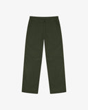 Full-length front view of Uskees drill workwear pants in vine green. Showing Corozo button fastening and tapered leg fit.
