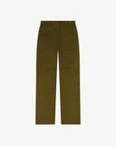 Full length back-view of woodland green corduroy 5005 trousers with view of rear pockets, belt loops and flattering straight leg fit.