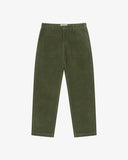 Front flat view of Uskees green corduroy pants for men on a white background.
