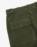 Close up view of Uskees green cord pants showing the back pocket and waist button-adjuster details on a white background.