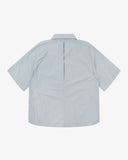 Back view flat shot of Uskees pale blue-grey Technique trekking shirt for men showing mesh layers under arms and back vent.