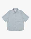 Front flat shot of Uskees pale blue-grey short-sleeve Technique trekking shirt for men indicating relaxed fit.