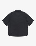 Back view flat shot of Uskees black Technique trekking shirt for men showing mesh layers under arms and back vent.