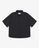 Front flat shot of Uskees black short-sleeve Technique trekking shirt for men indicating relaxed fit.