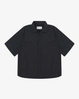 Front flat shot of Uskees black short-sleeve Technique trekking shirt for men indicating relaxed fit.