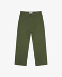 Front flat view of 5016 Uskees men's organic twill coriander green 'commuter' trousers showing the reinforced inseam and straight leg silhouette.