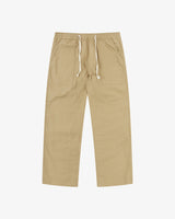 Front flat view of 5020 ripstop utility pants in khaki. Indicating drawstring, tapered fit on the leg, deep front pockets and reinforced knee patches. 