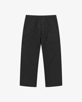 Front flat view of 5020 ripstop utility pants in black. Indicating drawstring, tapered fit on the leg, deep front pockets and reinforced knee patches. 