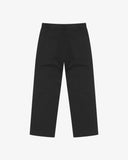 Full length back-view of black twill 5021 trousers with view of rear pockets, belt loops and gradually narrowing leg.