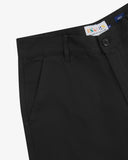 Close-up front view of left front pocket, belt loops, and branding label. Also a closer view of the smooth, sheer material.