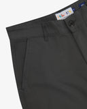 Close-up front view of left front pocket, belt loops, and branding label. Also a closer view of the smooth, sheer material.