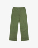 Full length back-view of coriander-green twill 5021 trousers with view of rear pockets, belt loops and gradually narrowing leg.