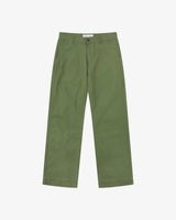 Front flat view of 5021 Uskees men's organic twill coriander-green painter pants with view of YKK zip fly and Corozo buttons.
