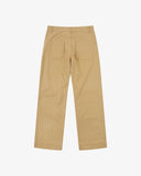 Full length back-view of khaki twill 5021 trousers with view of rear pockets, belt loops and gradually narrowing leg.