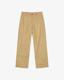 Front flat view of 5021 Uskees men's organic twill khaki painter pants with view of YKK zip fly and Corozo buttons.