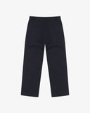 Full length back-view of midnight blue twill 5021 trousers with view of rear pockets, belt loops and gradually narrowing leg.