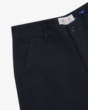 Close-up front view of left front pocket, belt loops, and branding label. Also a closer view of the smooth, sheer material.