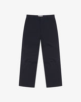 Front flat view of 5021 Uskees men's organic twill midnight blue painter pants with view of YKK zip fly and Corozo buttons.