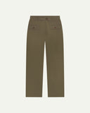 Back flat view of Uskees 5022 barrel leg pants in dark taupe showing cinch strap, belt loops, back pockets and flattering silhouette.