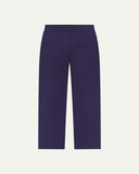 Back flat view of Uskees 5022 barrel leg pants in deep indigo showing cinch strap, belt loops, back pockets and flattering silhouette.