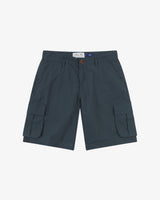 Front view of blueberry 5023 men's ripstop cargo shorts by Uskees. Clear view of belt loops, side pockets and deep cargo pockets.