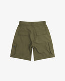Back view of ivy green 5023 men's ripstop cargo shorts by Uskees. Clear view of the two back pockets with flaps and the Uskees branding tab of the left cargo pocket flap.