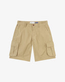Front view of khaki 5023 men's ripstop cargo shorts by Uskees. Clear view of belt loops, side pockets and deep cargo pockets.