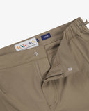 Front close up shot of Uskees herb green ripstop hike trousers for men showing the fly zip and brand label at waist.