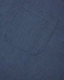 Close-up view of breast pocket of the 6006 Oxford shirt from Uskees. Also presented is a closer view of the texture of the Oxford chambray cloth.