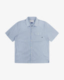 Front flat view of Uskees Tasker buttoned short sleeve shirt with blue, gold and white striped cotton fabric.