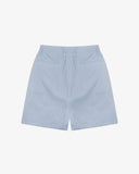 Back view flat shot of Uskees blue, gold and white striped shorts for men with view of two welt pockets.