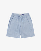 Front flat shot of Uskees blue, gold and white striped shorts for men. Clear view of drawstring, elasticated waist and Uskees branding label.