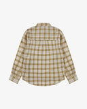 Back flat view of an Uskees sand pebble plaid lumberjack shirt for men showing the oversized fitting and the unbalanced hem.