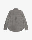 Back flat view of an Uskees trafford grey timber leah plaid shirt for men showing the oversized fitting and the unbalanced hem.