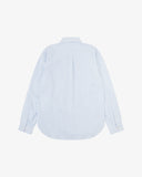 Back view of Uskees light blue and white striped men's Oxford shirt.