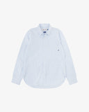 Front view of Uskees light blue and white striped men's Oxford shirt.