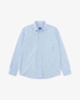 Front view of Uskees light blue men's Oxford shirt.