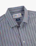 Close up view of Uskees sky blue and claret terrace pinstripe men's advanced Oxford shirt with focus on collar and Uskees brand label.
