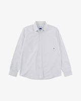Front view of Uskees white men's Oxford shirt.