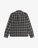 Back view of an Uskees charcoal check long sleeved flannel shirt for men.