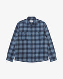 Front flat shot of an Uskees navy check long sleeved flannel shirt for men. 