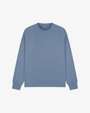Front view of cornflower blue organic heavyweight cotton 7005 sweatshirt by Uskees demonstrating regular, flattering shape.