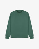 Front view of green organic heavyweight cotton 7005 sweatshirt by Uskees demonstrating regular, flattering shape.