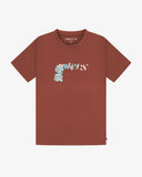 Brown men's t-shirt indicating loose fit and featuring deconstructed 3d Uskees logo in pastel colours.